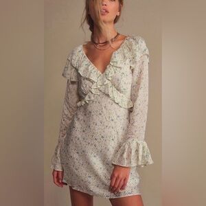Free People Floral Ruffle V-Neck Long Sleeve Dress - Cream